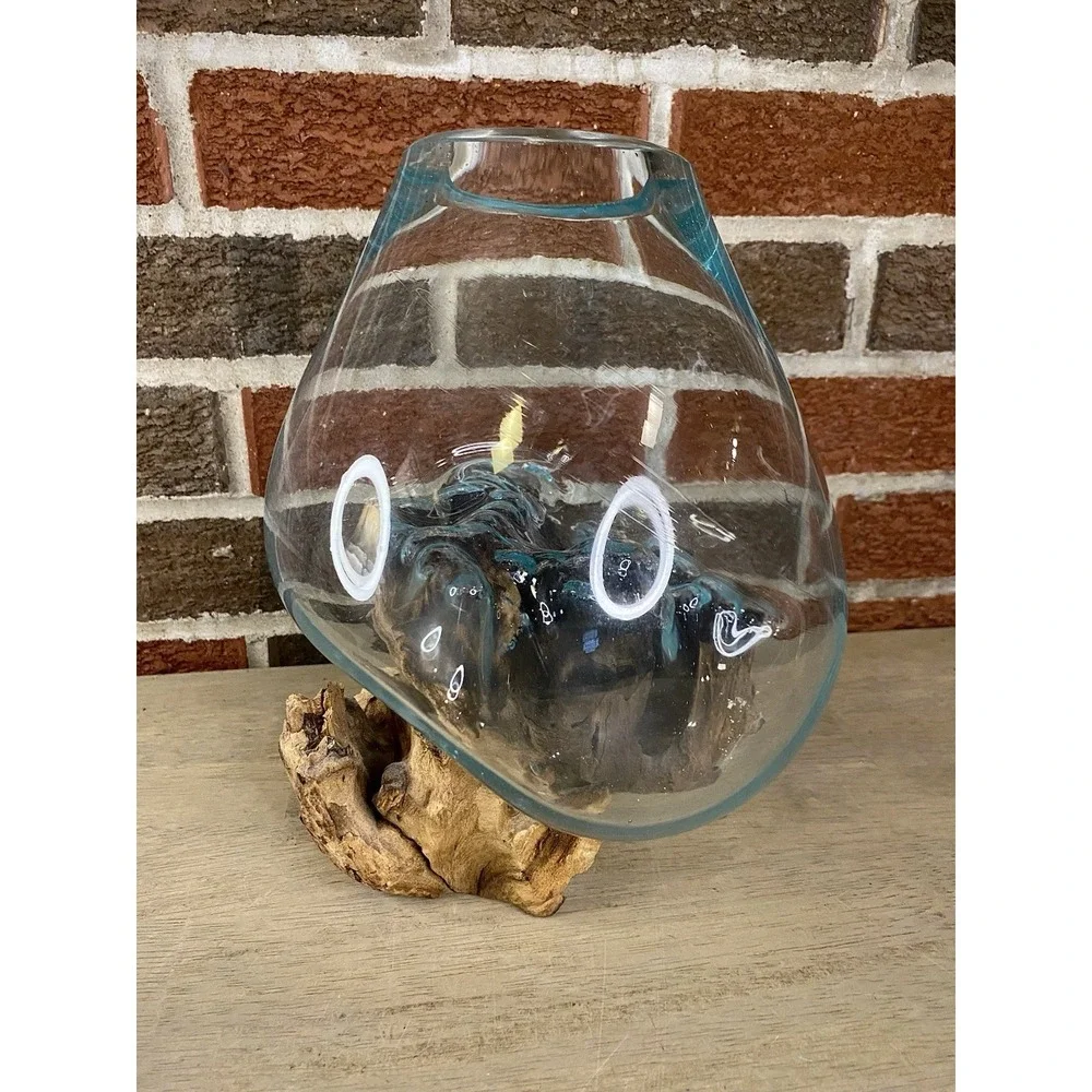 Cohasset Molten Terrarium Vase Glass Vase & Natural Wood Sculpture
